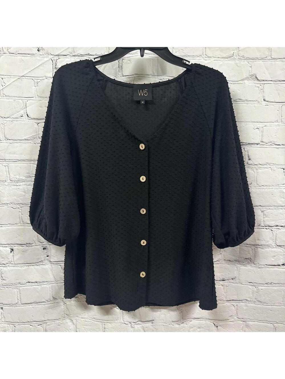 W5 Black Boho Textured Dotted Fabric button-down 3/4 Puff Sleeve Blouse M